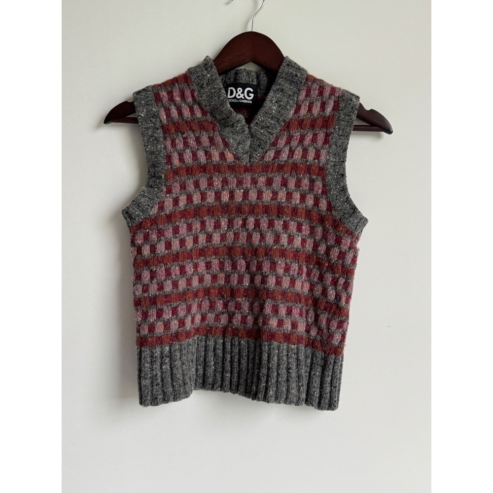 D&G Dolce & Gabbana Vintage Mohair Blend Geometric Sweater Vest Grey Burgundy